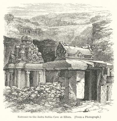 Ingang tot de Indra Subha-grot in Ellora (gravure) door English School
