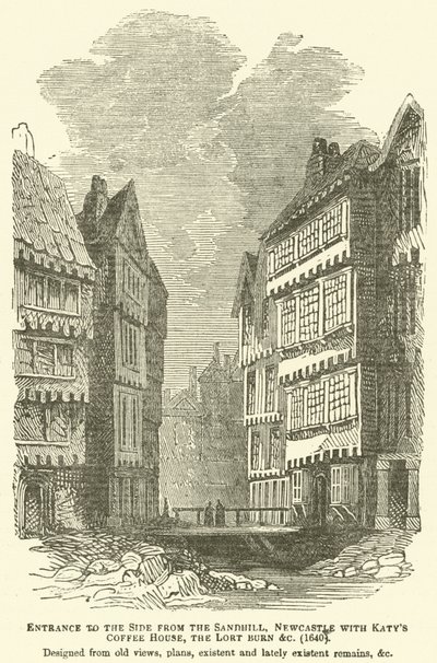 Ingang naar de Side vanaf de Sandhill, Newcastle met Katys Coffee House, de Lort Burn enz., 1640, ontworpen vanuit oude uitzichten, plannen, bestaande en onlangs bestaande overblijfselen, enz. door English School