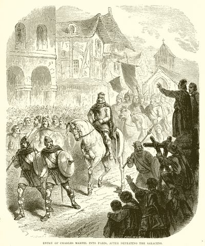 Intocht van Karel Martel in Parijs, na de nederlaag van de Saracenen door English School