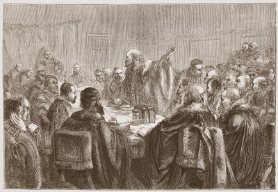 Episcopius spreekt de leden van de Synode van Dordrecht toe, illustratie uit De Geschiedenis van het Protestantisme door James Aitken Wylie, 1878 door English School