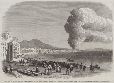Uitbarsting van de Vesuvius nabij de voet van de heuvel, tussen Resina en Torre del Greco, gezien vanaf de Marinella in Napels (gravure) door English School