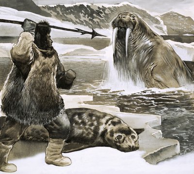 Eskimo die een walrus aanvalt door English School