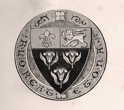 Eton-schild gelegd over rondel met schoolmotto, illustratie uit Memoirs of Eminent Etonians, door Sir Edward Creasy gepubliceerd in Londen 1876 door English School