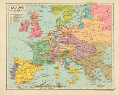 Europa in 1519 (kleurenlitho) door English School