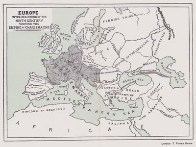 Europa, aan het begin van de negende eeuw met het rijk van Karel de Grote (kleur litho) door English School
