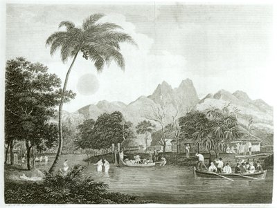 Europese missionarissen in een Tahitiaans dorp, uit Een Zendingsreis naar de Zuidelijke Stille Oceaan uitgevoerd in de jaren 1796-98 in het schip Duff, gepubliceerd 1799 door English School