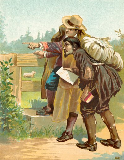 Evangelist wijst Christen naar de Wicket Gate door English School