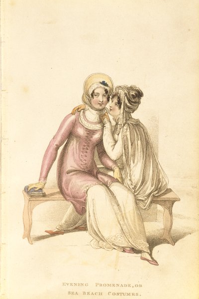 Avond-, promenade- of strandkostuums, modeplaat uit Ackermanns Repository of Arts door English School
