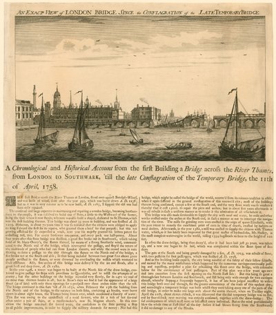 Exacte Weergave van de London Bridge sinds de brand van de late tijdelijke brug, 11 april 1758 door English School