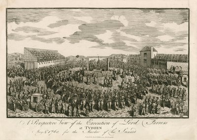 Executie van Lord Ferrers op Tyburn, 5 mei 1760, voor moord op zijn steward (gravure) door English School