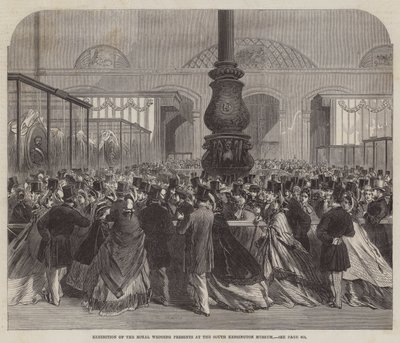 Tentoonstelling van de Koninklijke Huwelijksgeschenken in het South Kensington Museum (gravure) door English School