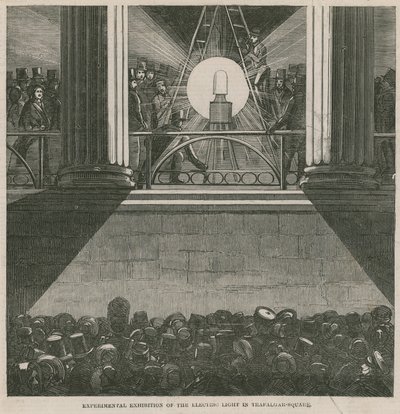 Experimentele tentoonstelling van het elektrische licht op Trafalgar Square, Londen door English School