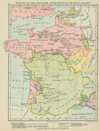 Omvang van de Engelse veroveringen in Frankrijk, 1429 na Christus (kleurenlitho) door English School