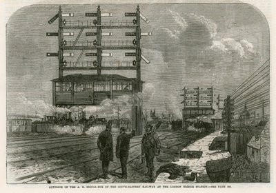 Exterieur van de AB seinhuis van de Zuid-Oostelijke Spoorweg bij het London Bridge Station door English School