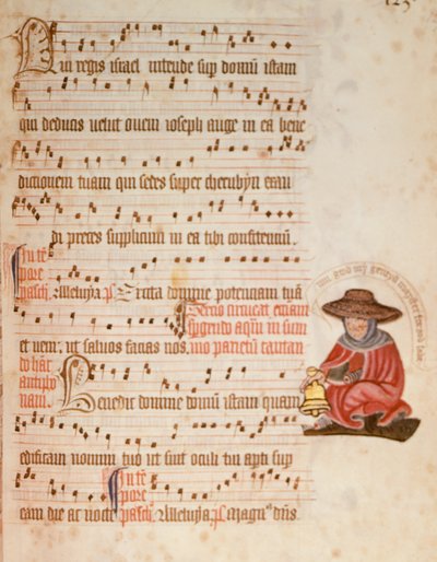 Muziekblad met een tekening van een melaatse, c.1400 door English School