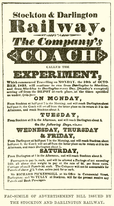 Facsimile van Advertentiebiljet uitgegeven door de Stockton en Darlington Spoorweg door English School