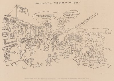 Facsimile pagina uit de humoristische geïllustreerde krant gepubliceerd in Ladysmith tijdens het beleg (litho) door English School