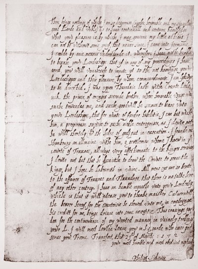Facsimile van het handschrift van Philip Sidney op 18-jarige leeftijd, 23 maart 1572 door English School