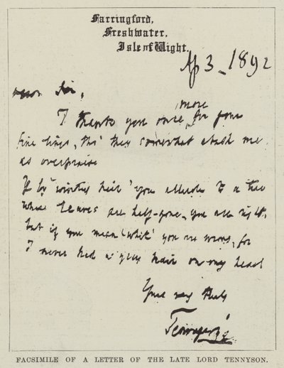 Facsimile van een brief van wijlen Lord Tennyson door English School