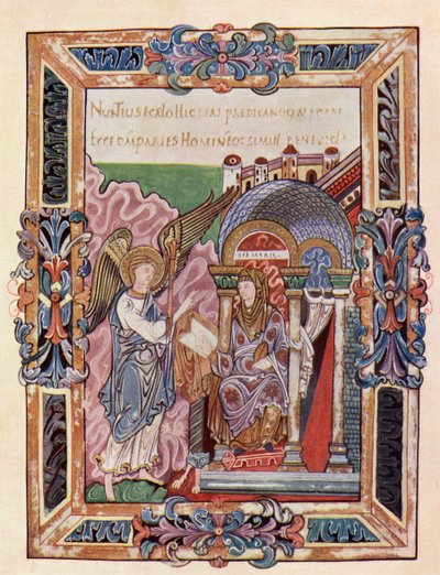 Facsimile van een pagina uit de Ethelwold Benedictional die de Aankondiging toont, uit het boek The Church of England: A History for the People door English School