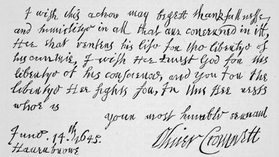 Facsimile van een deel van de brief geschreven door Cromwell aan Lenthall, Spreker van het Lagerhuis, waarin de Overwinning van Naseby wordt aangekondigd door English School