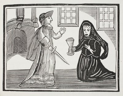 Schone Rosamond vergiftigd door koningin Eleanor, illustratie uit Chap-books van de achttiende eeuw door John Ashton, uitgegeven 1882 door English School