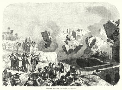 Het instorten van de muren van Jericho (gravure) door English School
