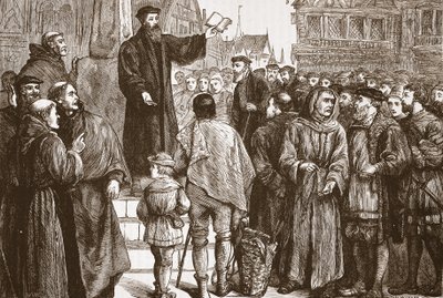 Farel predikt op de markt van Neuchâtel, illustratie uit De Geschiedenis van het Protestantisme door James Aitken Wylie, gepubliceerd in 1878 door English School