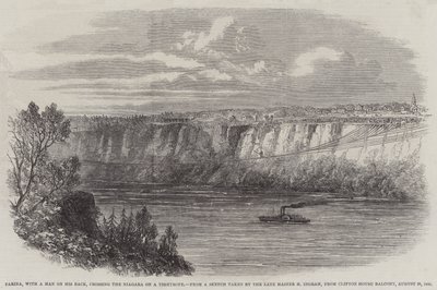 Farina, met een Man op zijn Rug, die de Niagara oversteekt op een Strakke Koord, vanaf het Balkon van Clifton House, 29 Augustus 1860 door English School