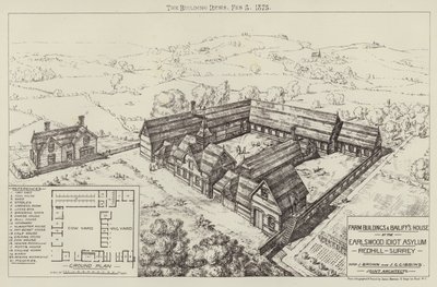 Boerderijgebouwen en huis van de opzichter bij het Earlswood Idiot Asylum, Redhill, Surrey door English School