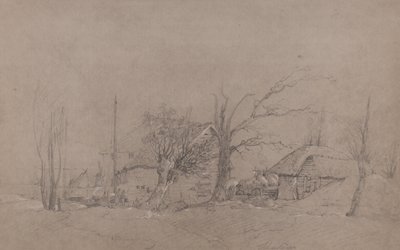Boerderijgebouwen aan de oever van een rivier door English School