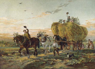 Boeren keren terug van de velden met hooiwagen door English School
