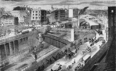 Farringdon Road en de Metropolitan Railway kijkend naar het noorden door English School