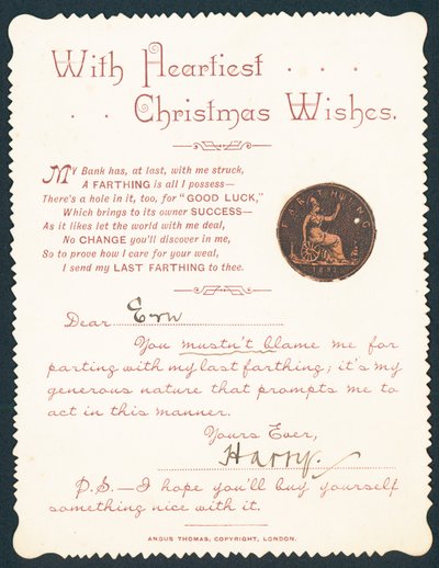 Farthing met gat, kerstkaart door English School