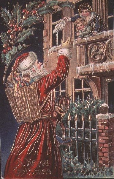 Kerstman zwaait naar een Moeder en Kind door English School