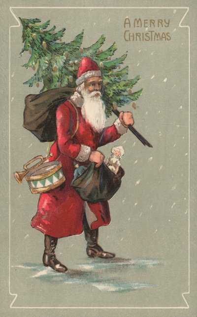 Kerstman die een zak speelgoed en een kerstboom draagt door English School