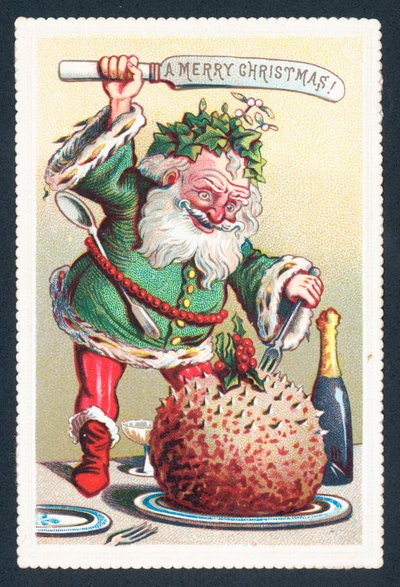 Kerstman die pruimenpudding snijdt door English School