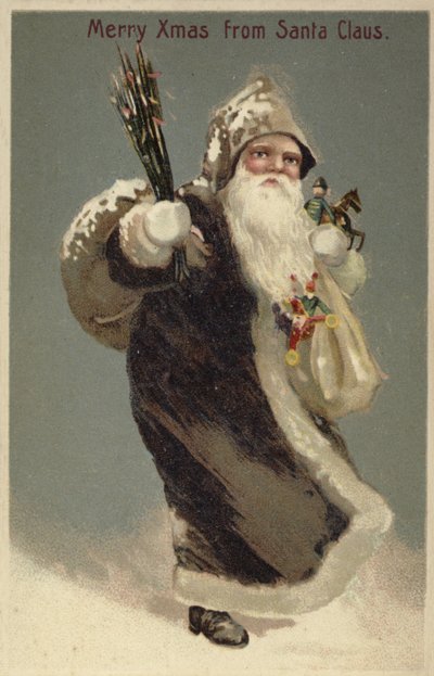 Kerstman in een bontjas, met cadeaus door English School