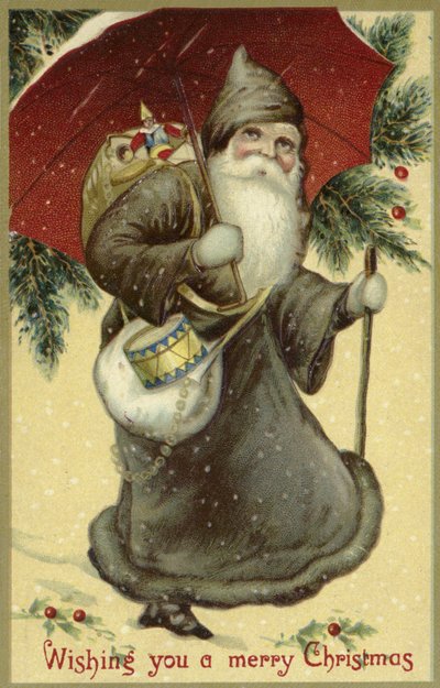 Kerstman in een bontjas, met cadeaus door English School