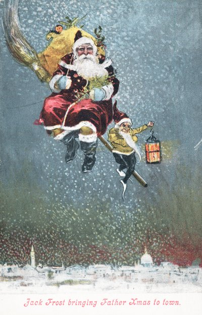 Kerstman op zijn bezem, kerstkaart door English School