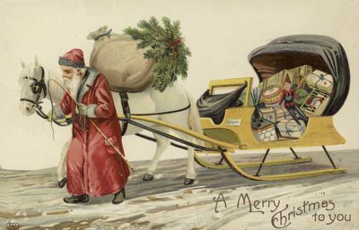 Kerstman die een slee met cadeaus trekt door English School