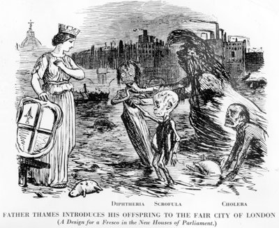 Vader Theems introduceert zijn nakomelingen aan de mooie stad Londen, de nakomelingen zijn difterie, scrofula en cholera. Meer een open riool dan een rivier, de walgelijke staat van de Theems in Londen. door English School