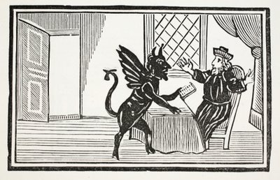 Faustus gewaarschuwd door de Geest om zijn einde te verwachten, illustratie uit Chap-books of the Eighteenth Century door John Ashton, gepubliceerd 1882 door English School