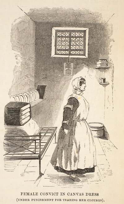 Vrouwelijke gevangene in canvas jurk (onder straf voor het scheuren van haar kleding), illustratie uit The Criminal Prisons of London and Scenes from Prison Life door Henry Mayhew en John Binny, uitgegeven in 1862 door English School