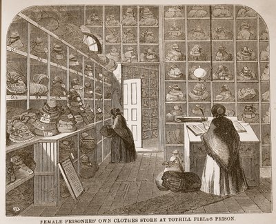 Kledingwinkel voor vrouwelijke gevangenen in Tothill Fields Prison, illustratie uit The Criminal Prisons of London and Scenes from Prison Life door Henry Mayhew en John Binny, uitgegeven in 1862 door English School