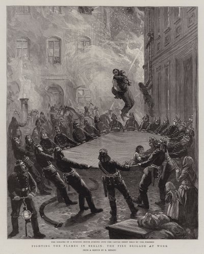De vlammen bestrijden in Berlijn, de brandweer aan het werk (gravure) door English School