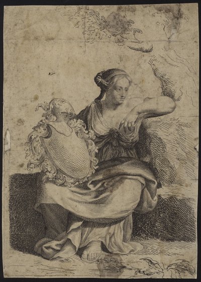 Figuur van een zittende vrouw met een decoratieve fotolijst door English School