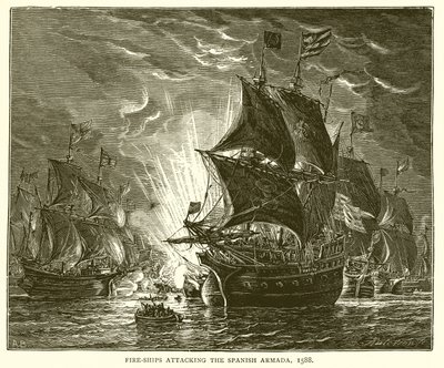 Branderschepen vallen de Spaanse Armada aan, 1588 door English School