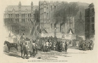 Brand in de klokkentoren van de nieuwe Houses of Parliament door English School