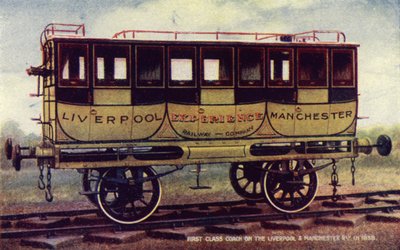 Eerste klas rijtuig op de Liverpool en Manchester Railway in 1838 door English School